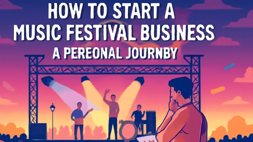 An illustration of a person contemplating while a live band performs on stage, symbolizing the process of starting a music festival business.