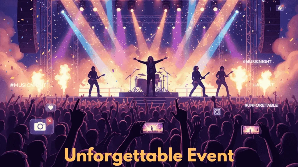A vibrant concert scene at Insta Fest featuring a live band performing on a brightly lit stage with colorful spotlights, fireworks, and a cheering crowd capturing the moment on their phones.