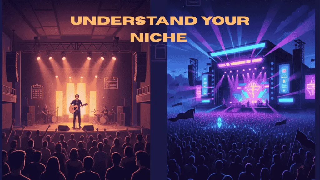 Split-screen illustration showing two types of music events: a small indoor concert with a solo guitarist performing on stage, and a large outdoor music festival with bright lights, a massive stage setup, and a cheering crowd. The text “UNDERSTAND YOUR NICHE” appears at the top, highlighting the importance of choosing the right event type in music event planning.