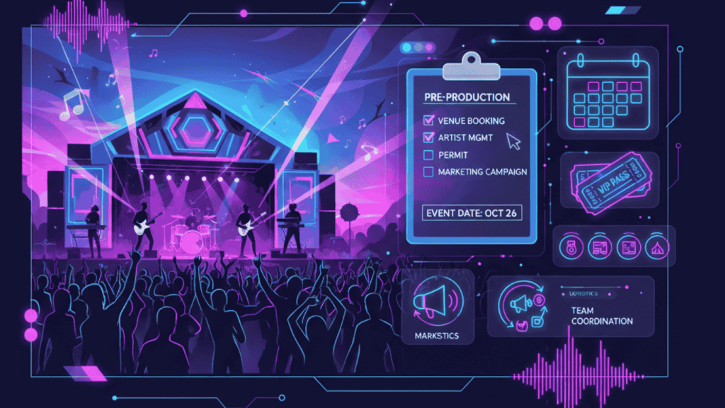 Illustration of a vibrant music event planning scene showing a live concert with musicians performing on stage, a cheering crowd, and digital UI elements displaying pre-production tasks like venue booking, artist management, permits, marketing, ticketing, scheduling, logistics, and team coordination.