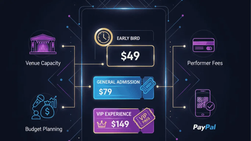 Illustration showing music event ticket tiers—Early Bird, General Admission, and VIP—connected to planning factors like venue capacity, budget planning, performer fees, and payment options, displayed in a neon, futuristic design.