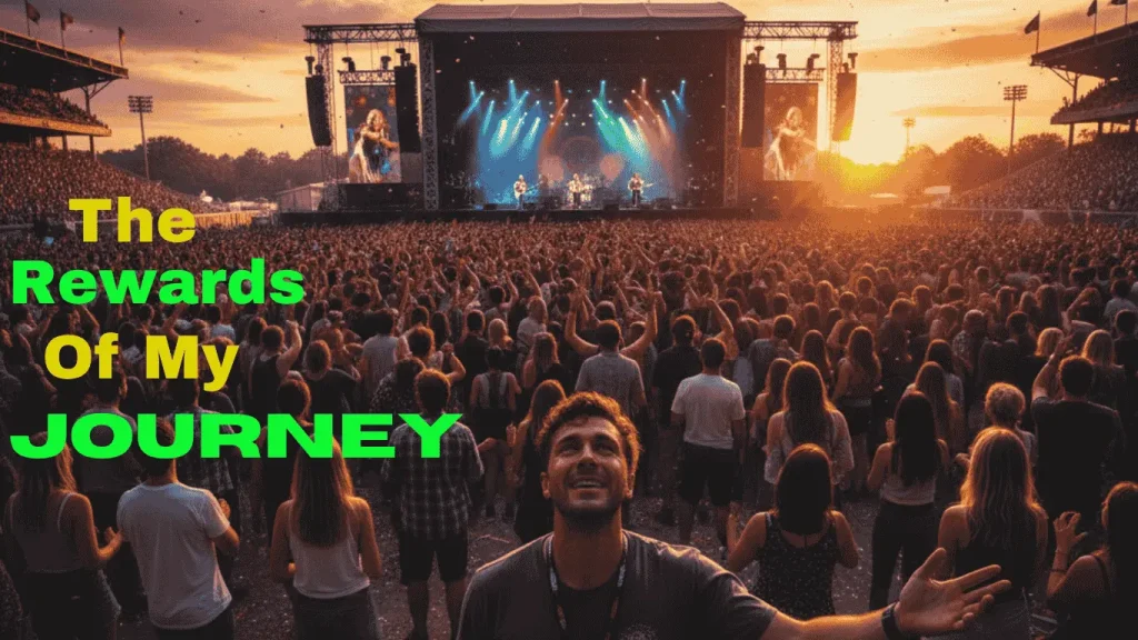 A person enjoying the sunset while watching a live band performance at a music festival, representing the fulfillment of the journey of organizing a festival.