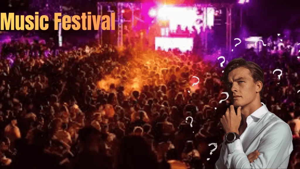 A young man contemplating in front of a vibrant music festival crowd, symbolizing the inspiration behind starting a music festival business.